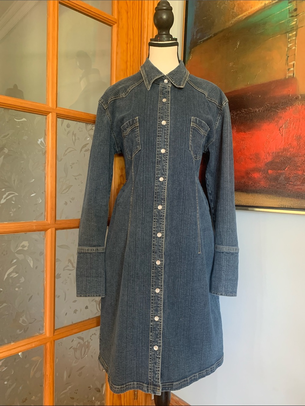 Vintage Western Stretch Denim Pearl Snap Shirt Dress, Sz